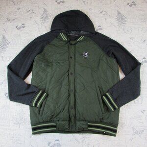 Hurley Quilted light weight warm Jacket Mens Zip Outdoor Hooded Green Gray XXL